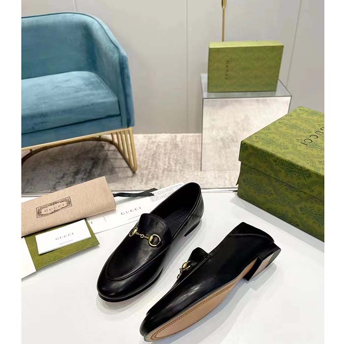 G*u*i unisex leather horsebit loafer black slim shape sole flat 1 cm heel