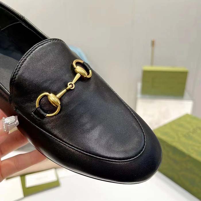 G*u*i unisex leather horsebit loafer black slim shape sole flat 1 cm heel