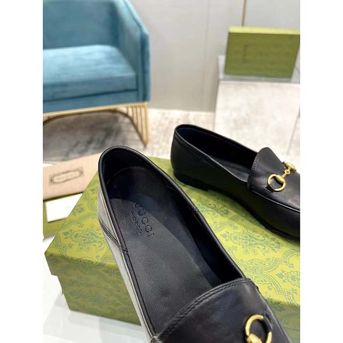 G*u*i unisex leather horsebit loafer black slim shape sole flat 1 cm heel