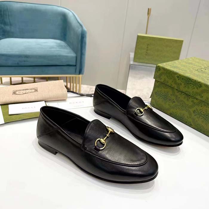 G*u*i unisex leather horsebit loafer black slim shape sole flat 1 cm heel
