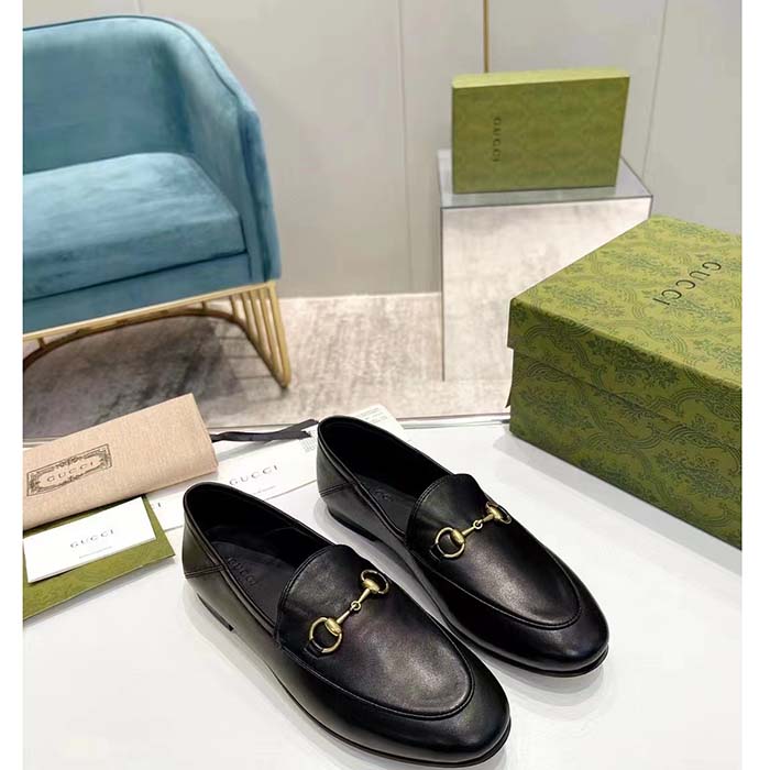 G*u*i unisex leather horsebit loafer black slim shape sole flat 1 cm heel