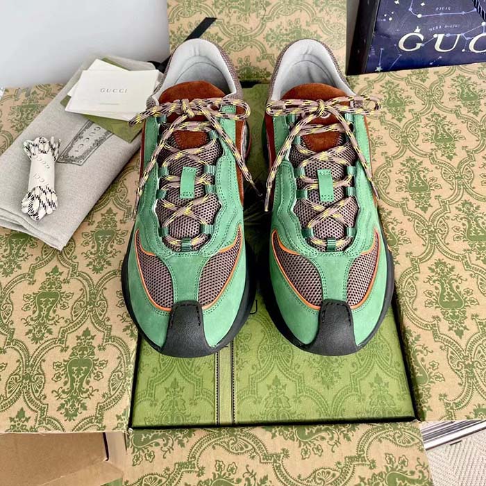 G*u*i unisex run sneaker green brown suede interlocking g bi-color rubbe low heel