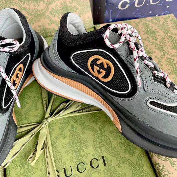 G*u*i unisex run sneaker grey black suede interlocking g bi-color rubbe low heel