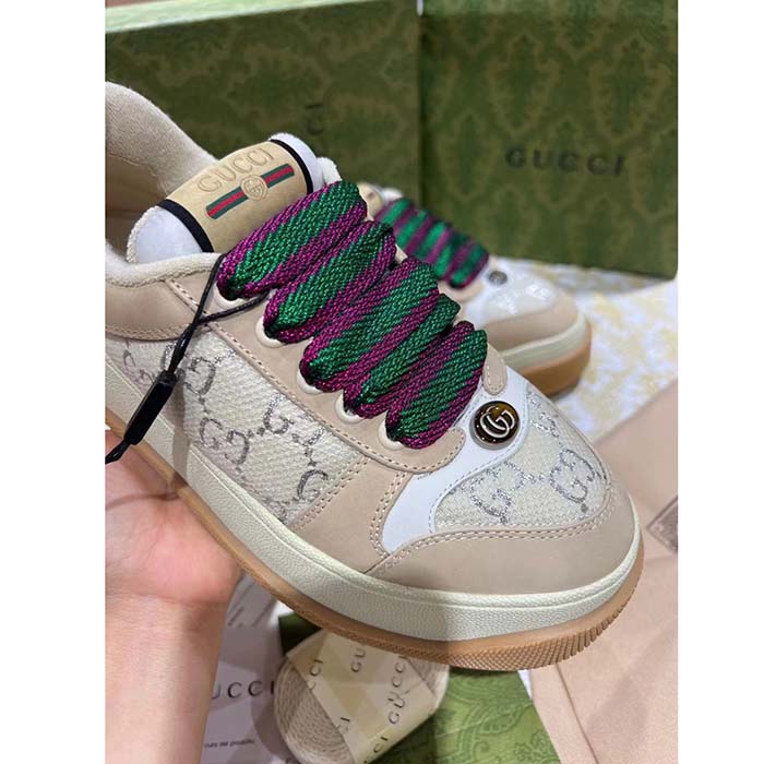 G*u*i unisex screener sneaker white gg lamé canvas chunky laces 4.8 cm heel