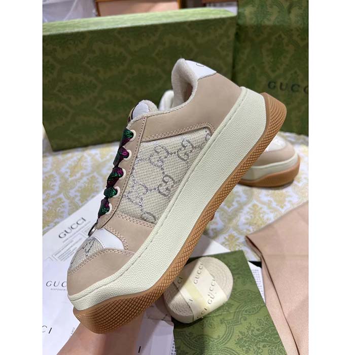 G*u*i unisex screener sneaker white gg lamé canvas chunky laces 4.8 cm heel