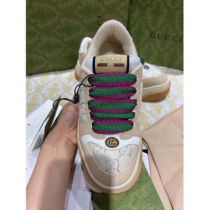 G*u*i unisex screener sneaker white gg lamé canvas chunky laces 4.8 cm heel