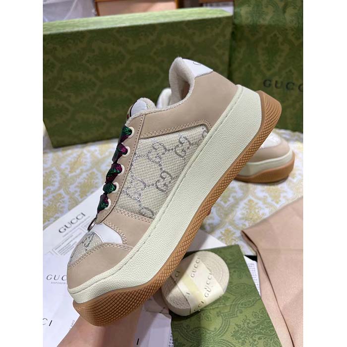 G*u*i unisex screener sneaker white gg lamé canvas chunky laces 4.8 cm heel