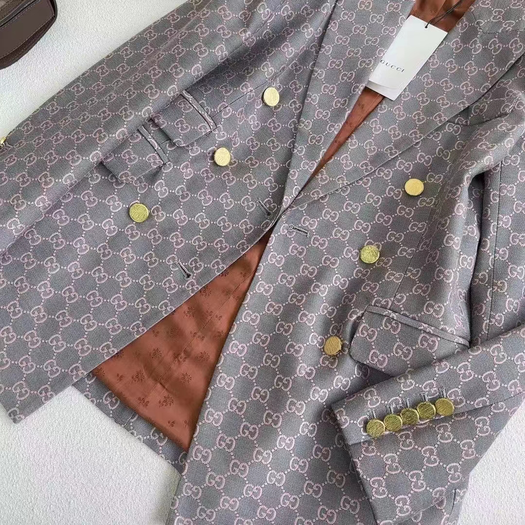 G*u*i women gg cotton canvas jacket grey pink lined point revers double breasted fitted waist
