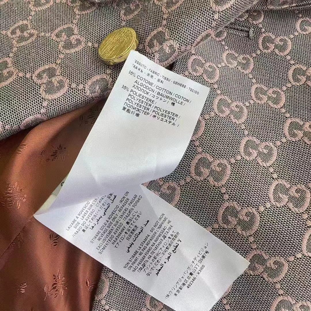 G*u*i women gg cotton canvas jacket grey pink lined point revers double breasted fitted waist