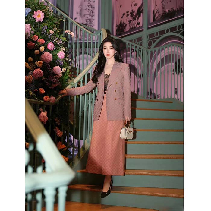 G*u*i women gg cotton canvas jacket grey pink lined point revers double breasted fitted waist