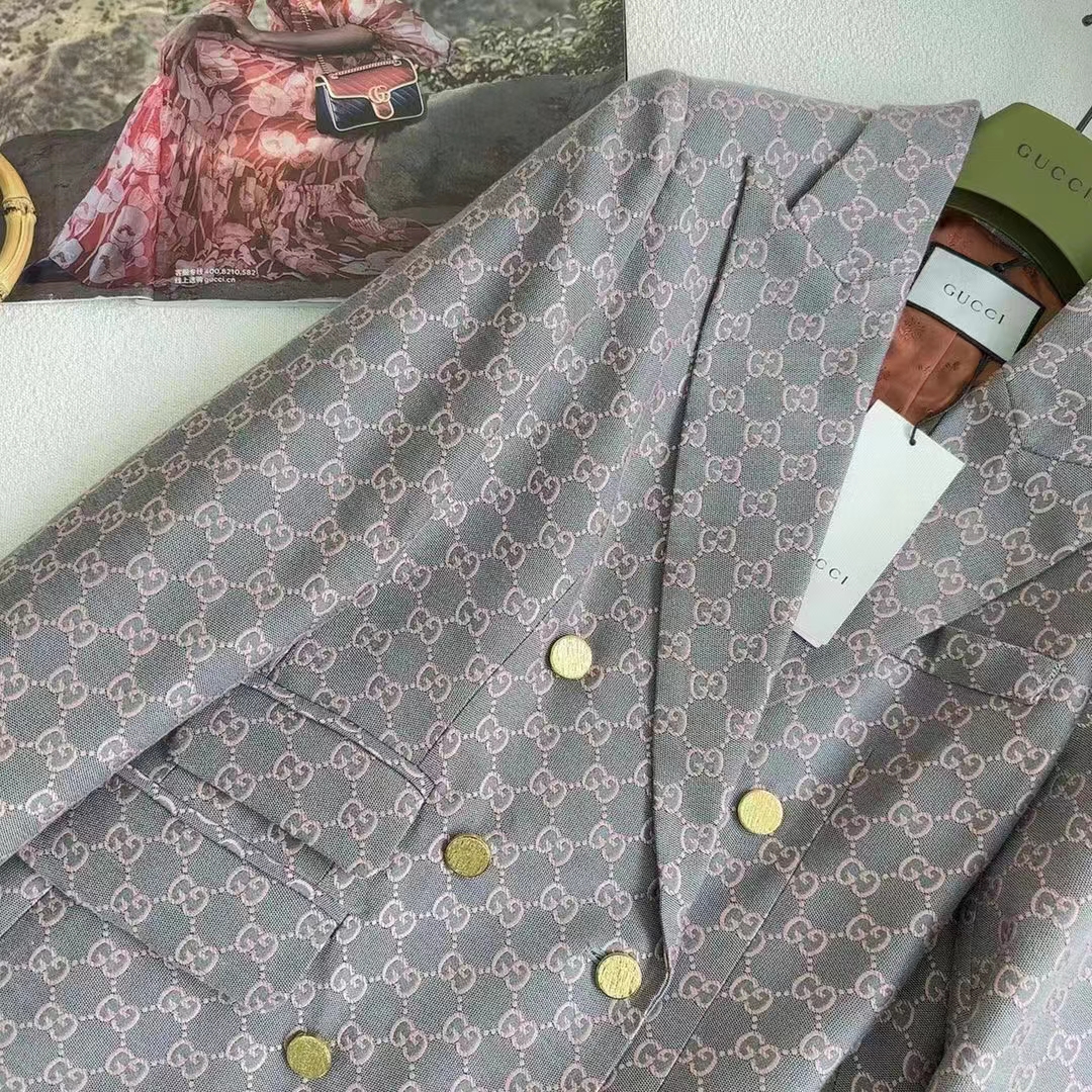 G*u*i women gg cotton canvas jacket grey pink lined point revers double breasted fitted waist