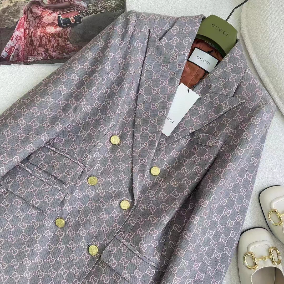 G*u*i women gg cotton canvas jacket grey pink lined point revers double breasted fitted waist
