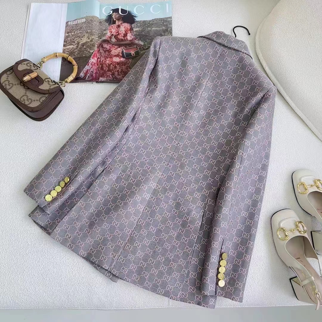 G*u*i women gg cotton canvas jacket grey pink lined point revers double breasted fitted waist