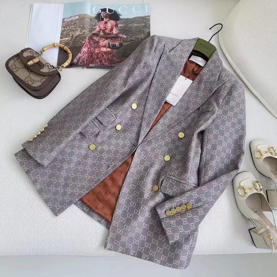 G*u*i women gg cotton canvas jacket grey pink lined point revers double breasted fitted waist