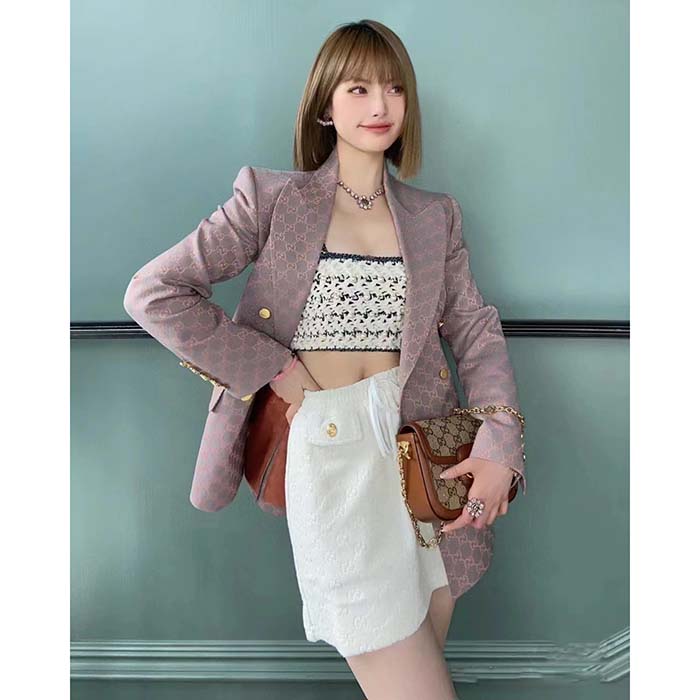 G*u*i women gg cotton canvas jacket grey pink lined point revers double breasted fitted waist