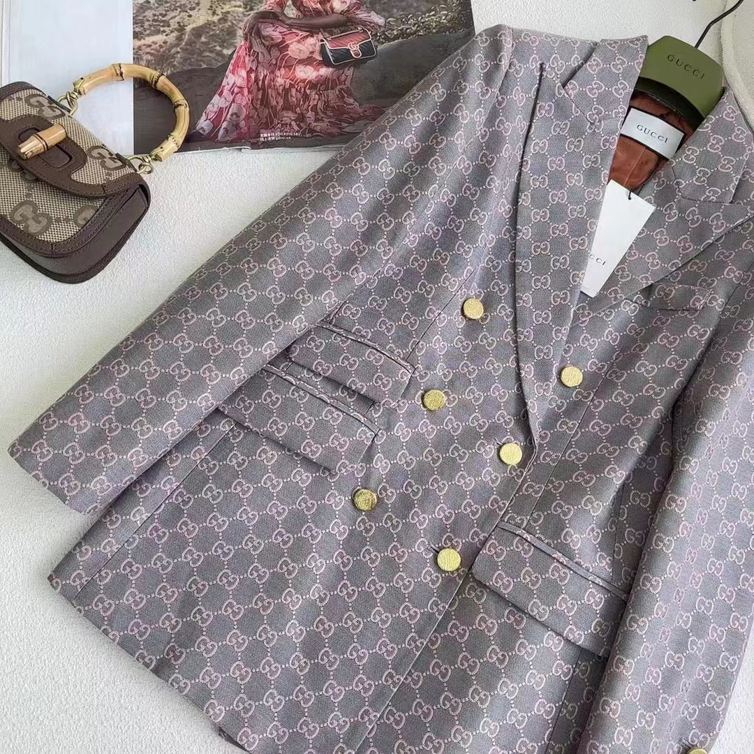 G*u*i women gg cotton canvas jacket grey pink lined point revers double breasted fitted waist