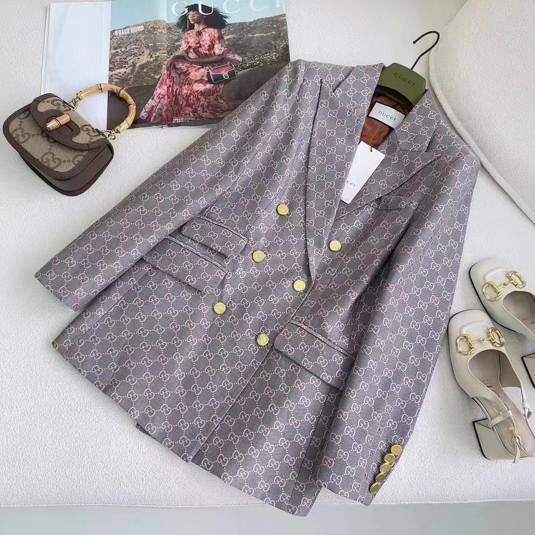 G*u*i women gg cotton canvas jacket grey pink lined point revers double breasted fitted waist