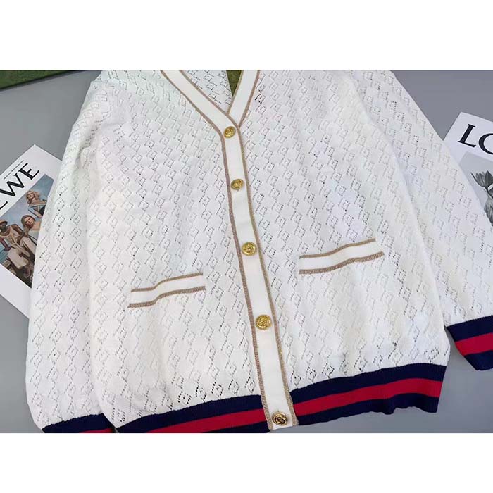 G*u*i men gg cotton cardigan web ivory g v-neck long sleeves button closure