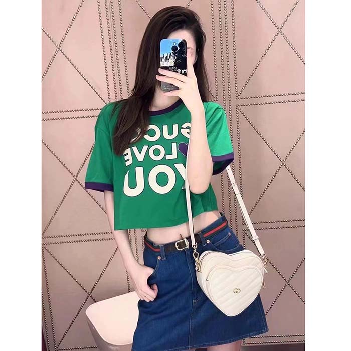G*u*i women gg cotton jersey cropped t-shirt green medium heart patch crewneck short sleeves