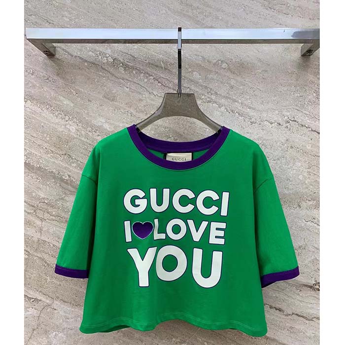 G*u*i men gg cotton jersey cropped t-shirt green medium heart patch crewneck short sleeves