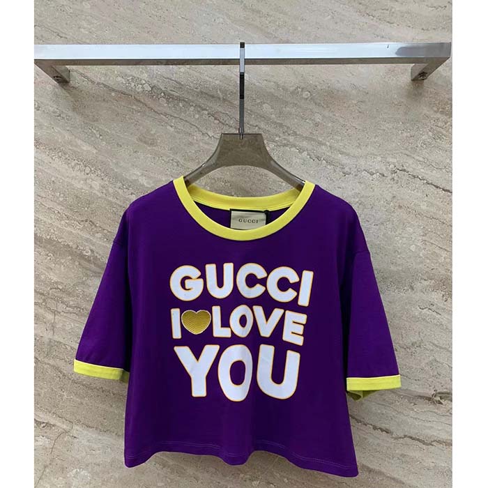 G*u*i women gg cotton jersey cropped t-shirt violet medium heart patch crewneck short sleeves