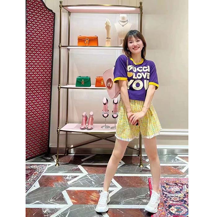 G*u*i women gg cotton jersey cropped t-shirt violet medium heart patch crewneck short sleeves