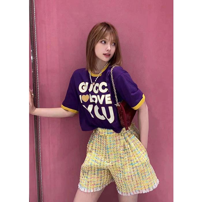 G*u*i women gg cotton jersey cropped t-shirt violet medium heart patch crewneck short sleeves