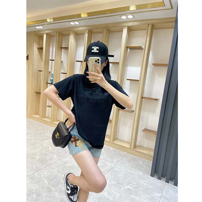 G*u*i women gg cotton jersey t-shirt black heavy cities embroidery crewneck short sleeves oversize fit
