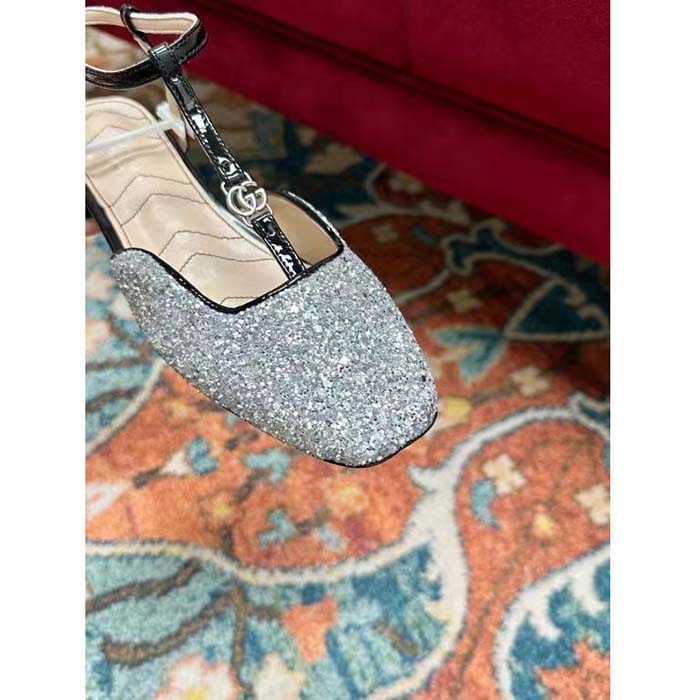 G*u*i women gg double g ballet flat black glitter leather square toe 1.5 cm heel