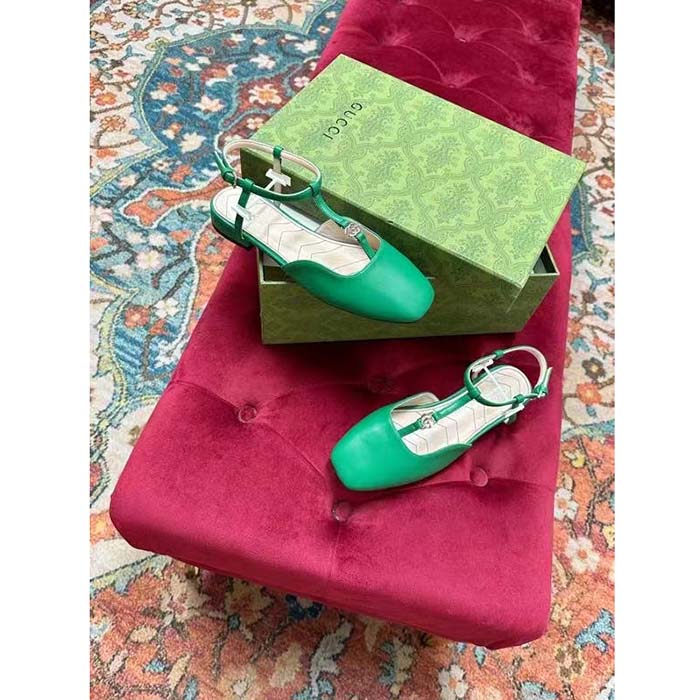 G*u*i women gg double g ballet flat light green leather square toe 1.5 cm heel