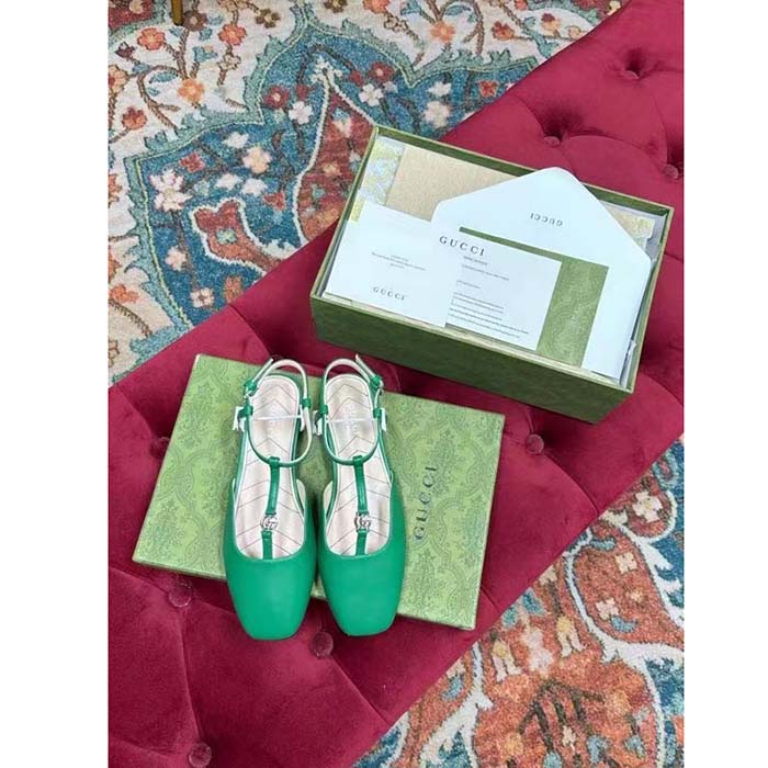 G*u*i women gg double g ballet flat light green leather square toe 1.5 cm heel