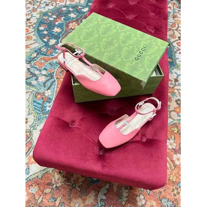 G*u*i women gg double g ballet flat pink leather square toe 1.5 cm heel