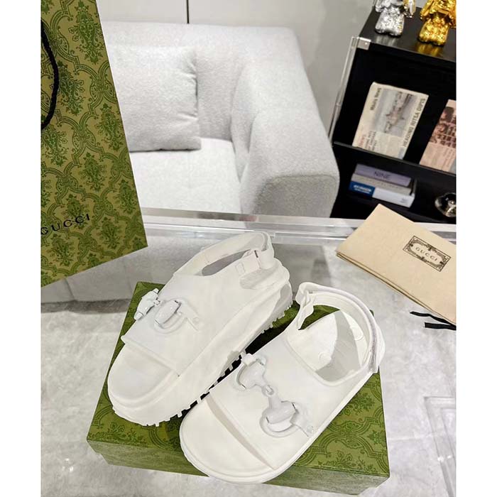 G*u*i women gg horsebit flatform sandal white rubber plastic horsebit velcro strap closure