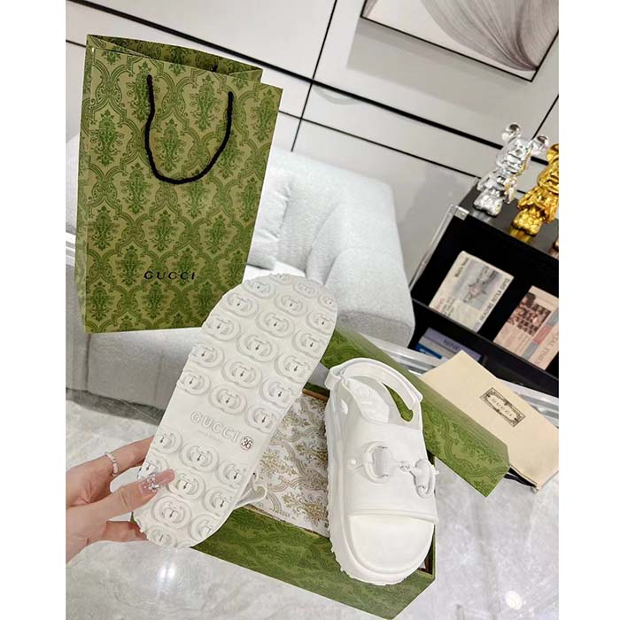 G*u*i women gg horsebit flatform sandal white rubber plastic horsebit velcro strap closure