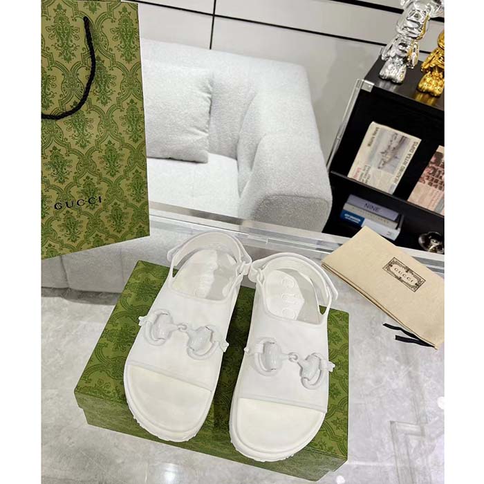 G*u*i women gg horsebit flatform sandal white rubber plastic horsebit velcro strap closure