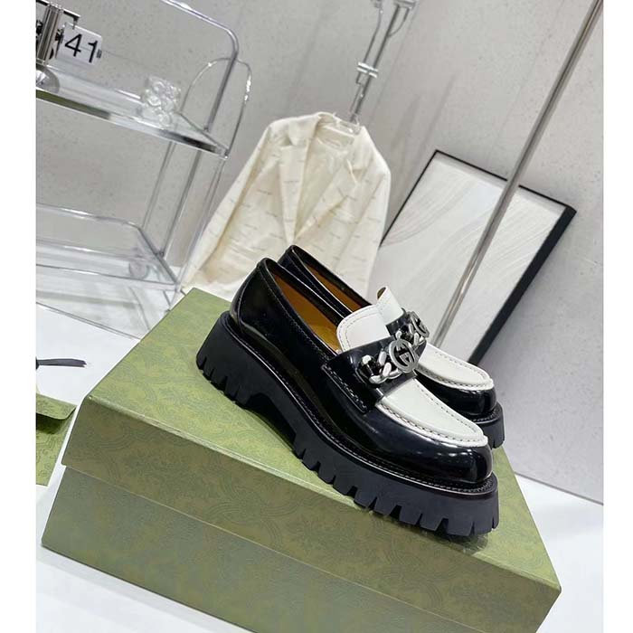 G*u*i women gg interlocking g chain loafer black white leather lug rubber sole flat
