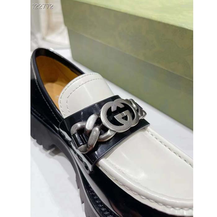 G*u*i women gg interlocking g chain loafer black white leather lug rubber sole flat