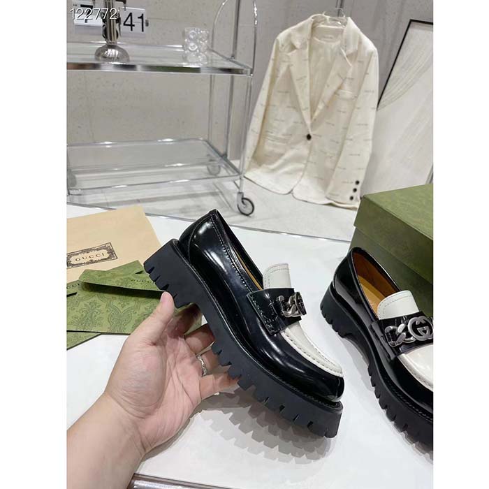 G*u*i women gg interlocking g chain loafer black white leather lug rubber sole flat