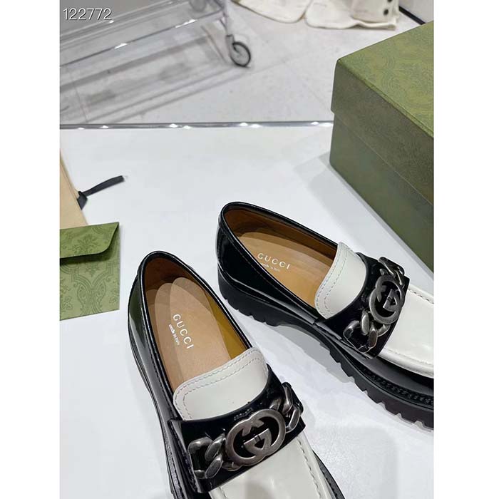 G*u*i women gg interlocking g chain loafer black white leather lug rubber sole flat