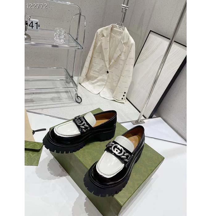 G*u*i women gg interlocking g chain loafer black white leather lug rubber sole flat