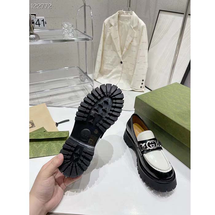 G*u*i women gg interlocking g chain loafer black white leather lug rubber sole flat