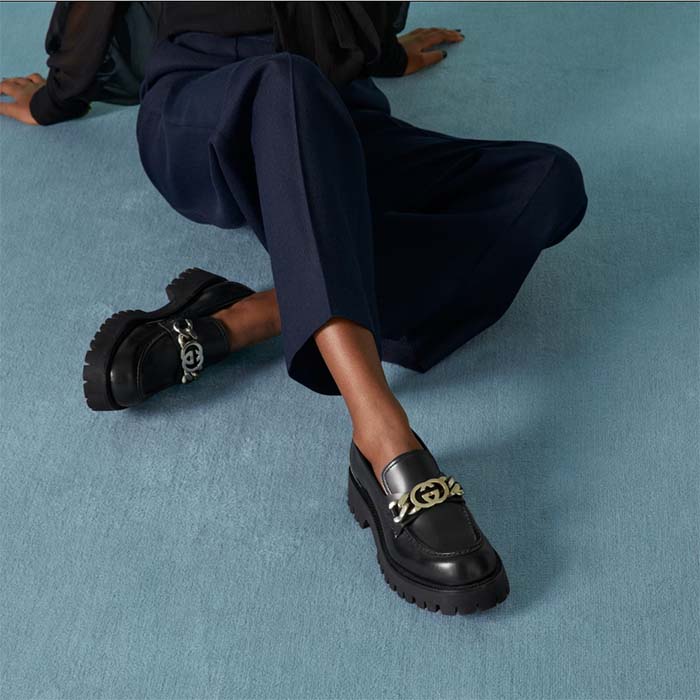 G*u*i women gg interlocking g lug sole loafer black leather rubber flat 1.5 cm heel