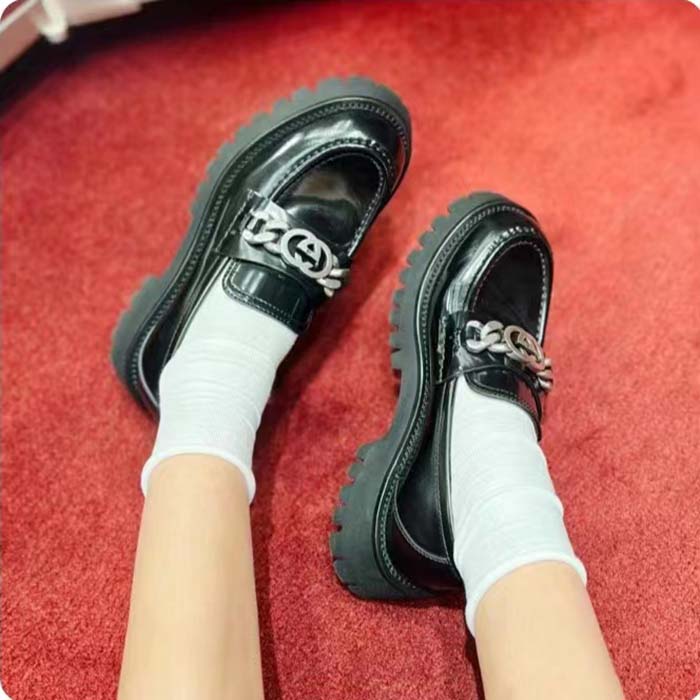 G*u*i women gg interlocking g lug sole loafer black leather rubber flat 1.5 cm heel