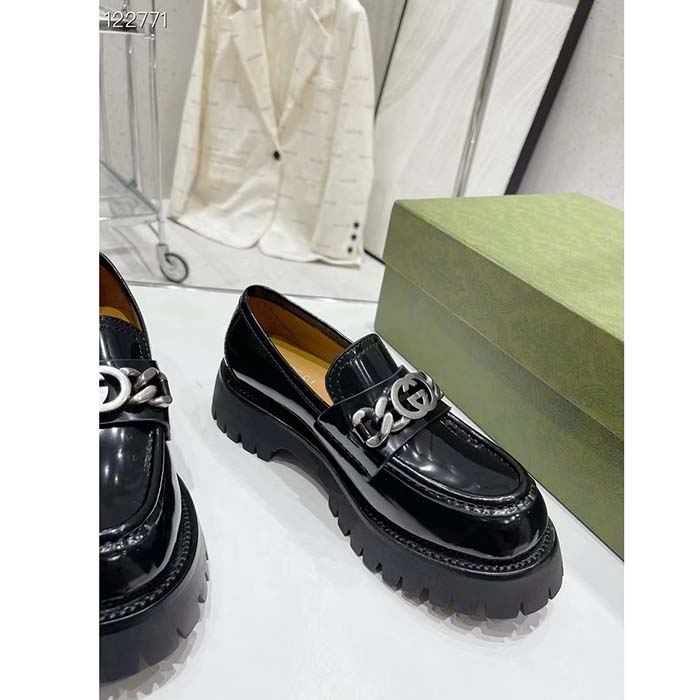 G*u*i women gg interlocking g lug sole loafer black leather rubber flat 1.5 cm heel
