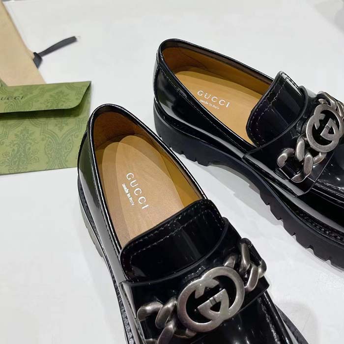 G*u*i women gg interlocking g lug sole loafer black leather rubber flat 1.5 cm heel