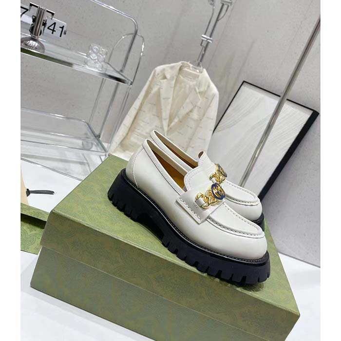 G*u*i women gg interlocking g lug sole loafer white leather rubber flat 1.5 cm heel