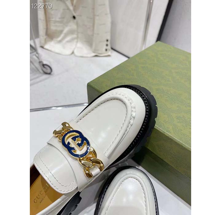 G*u*i women gg interlocking g lug sole loafer white leather rubber flat 1.5 cm heel