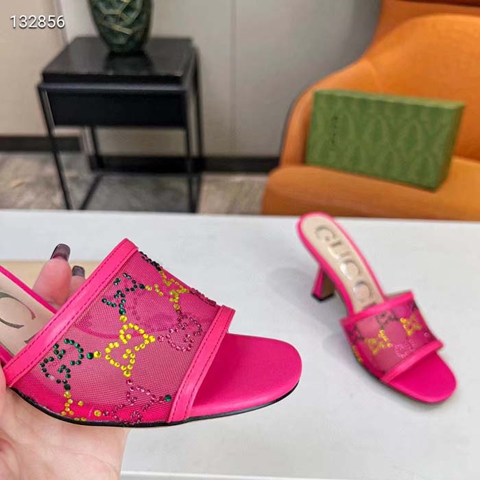 G*u*i women gg mid heel slide sandal fuchsia gg crystal mesh 7.4 cm heel