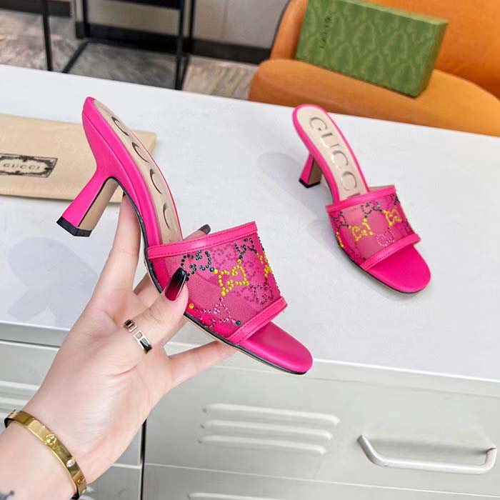 G*u*i women gg mid heel slide sandal fuchsia gg crystal mesh 7.4 cm heel