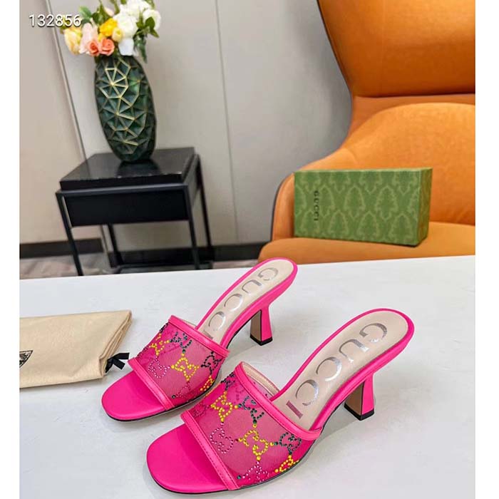 G*u*i women gg mid heel slide sandal fuchsia gg crystal mesh 7.4 cm heel